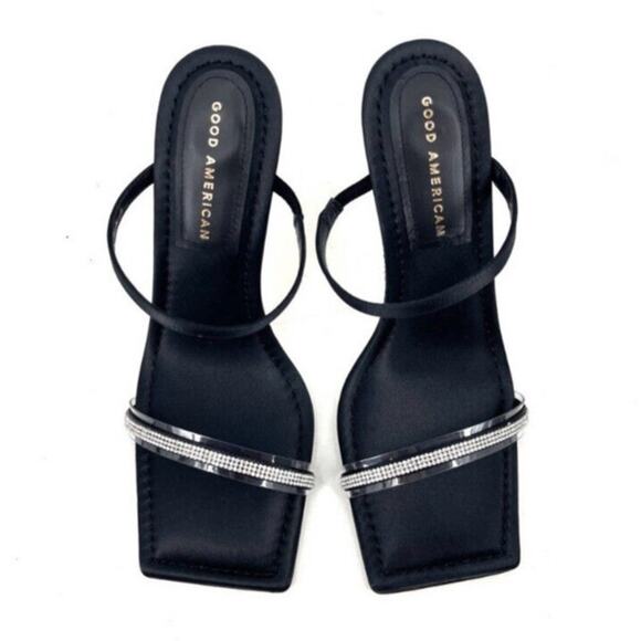 Good American Satin Rhinestone Heels Womens 7.5 Black Gold Square Toe Holidays - Picture 8 of 12